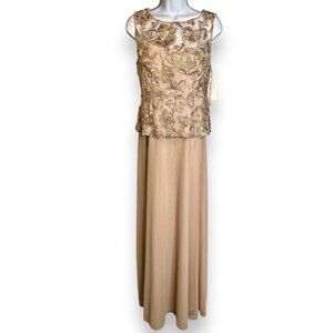 Alex Evenings Champagne Gold Formal Dress Lace Chiffon Maxi cocktail